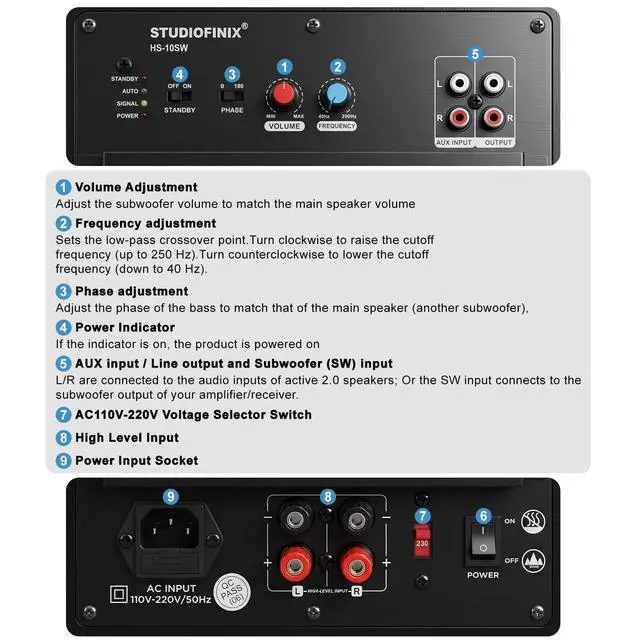 Alt view image 3 of 7 - HS-10SW 10" Powered Subwoofer, 200W RMS Class AB, 800W Peak, 40Hz-250Hz (±3dB) Deep Bass, Bass Reflex, Adjustable Crossover & Dual Audio Inputs for Home Theater & Stereo HiFi