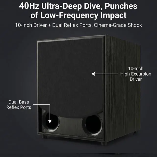 Alt view image 4 of 7 - HS-10SW 10" Powered Subwoofer, 200W RMS Class AB, 800W Peak, 40Hz-250Hz (±3dB) Deep Bass, Bass Reflex, Adjustable Crossover & Dual Audio Inputs for Home Theater & Stereo HiFi