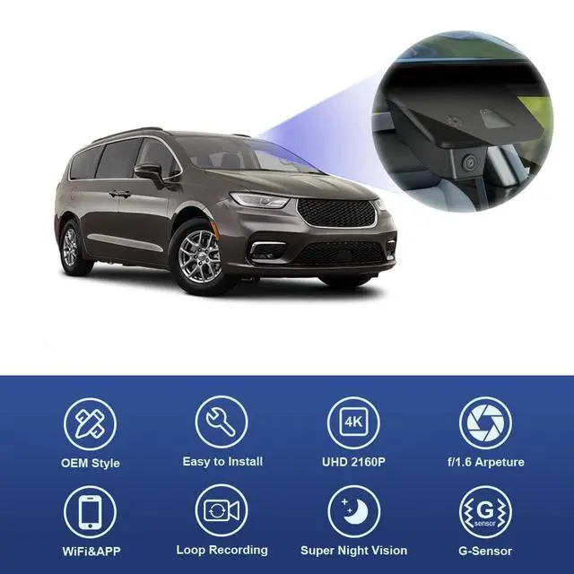 Alt view image 3 of 6 - 4K Dash Cam Compatible with Chrysler Pacifica 2018-2026 & Plug-in Hybrid, OEM Factory Look, UHD 2160P Video, Loop Recording, Built-in WiFi & APP, Gravity Sensor, Plug & Play, 64GB Card