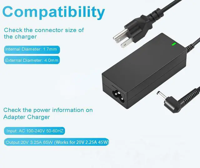 Alt view image 2 of 5 - 65W Laptop Charger Fit for Lenovo Ideapad 1 3 5 / Slim 3 Laptop | For Ideapad 1-15iau7 1-15ijl7 3-15itl6 3-15iau7, V15 V14 V17 110s 320 330 330s; 4.0mm * 1.7mm Tip