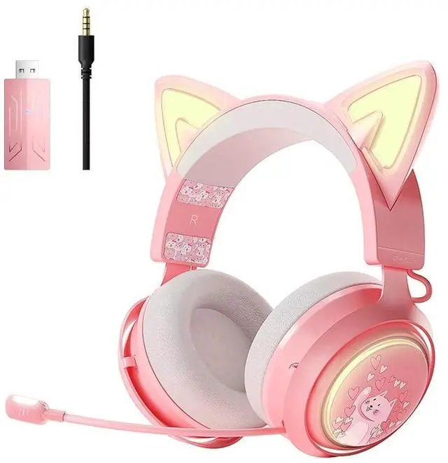 Main image of Cat Ear Headphones, 2.4G/Bluetooth Wireless Gaming Headset for PS5, PS4, PC with RGB Lights and Retractable Mic, 10Hrs Playtime, 7.1 Surround Sound for Laptop, Smartphone-GS510 Pro - Pink