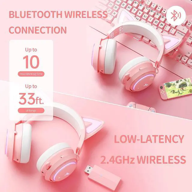 Alt view image 3 of 7 - Cat Ear Headphones, 2.4G/Bluetooth Wireless Gaming Headset for PS5, PS4, PC with RGB Lights and Retractable Mic, 10Hrs Playtime, 7.1 Surround Sound for Laptop, Smartphone-GS510 Pro - Pink