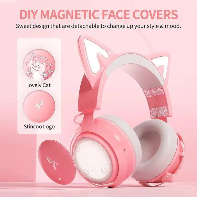 Alt view image 5 of 7 - Cat Ear Headphones, 2.4G/Bluetooth Wireless Gaming Headset for PS5, PS4, PC with RGB Lights and Retractable Mic, 10Hrs Playtime, 7.1 Surround Sound for Laptop, Smartphone-GS510 Pro - Pink