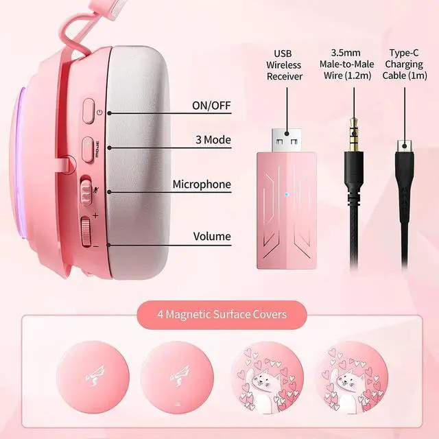 Alt view image 7 of 7 - Cat Ear Headphones, 2.4G/Bluetooth Wireless Gaming Headset for PS5, PS4, PC with RGB Lights and Retractable Mic, 10Hrs Playtime, 7.1 Surround Sound for Laptop, Smartphone-GS510 Pro - Pink