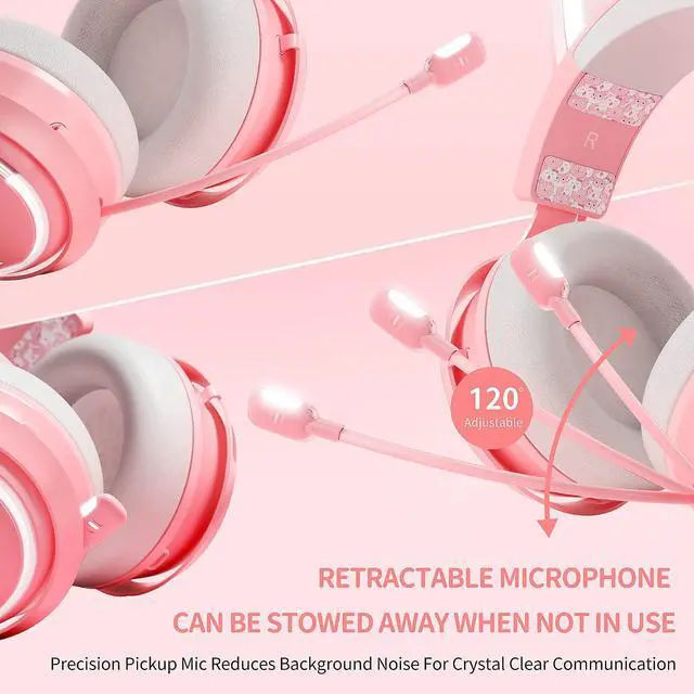 Alt view image 6 of 7 - Cat Ear Headphones, 2.4G/Bluetooth Wireless Gaming Headset for PS5, PS4, PC with RGB Lights and Retractable Mic, 10Hrs Playtime, 7.1 Surround Sound for Laptop, Smartphone-GS510 Pro - Pink