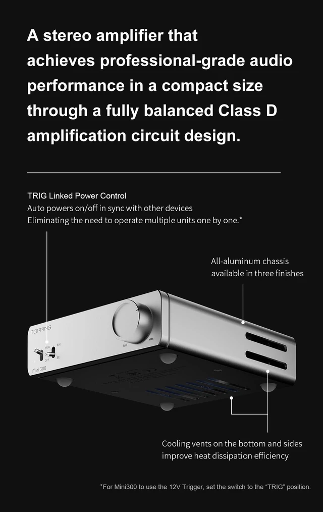 Alt view image 3 of 7 - Topping Mini 300 Compact Desktop Power Amplifier - Fully-Balanced Class-D Amp, TRS/RCA Input, 12V Trigger, Ultra-Low Distortion, Zero-Noise Safe and Reliable (White)