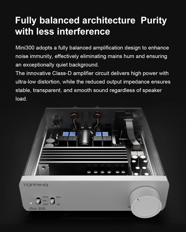 Alt view image 4 of 7 - Topping Mini 300 Compact Desktop Power Amplifier - Fully-Balanced Class-D Amp, TRS/RCA Input, 12V Trigger, Ultra-Low Distortion, Zero-Noise Safe and Reliable (White)
