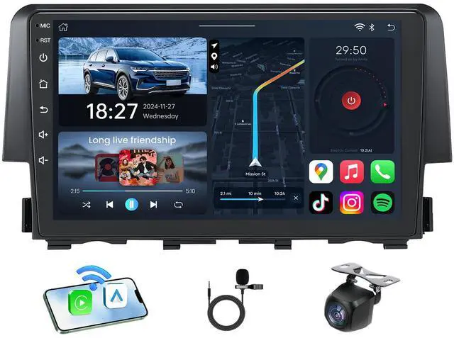 Main image of 8Core Car Radio for Honda Civic 2016-2021: 9" HD Touchscreen Stereo with Wireless Carplay Android Auto GPS Bluetooth FM 36EQ DSP RDS SWC Mirror Link, 1080P Backup Camera