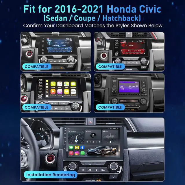 Alt view image 2 of 7 - 8Core Car Radio for Honda Civic 2016-2021: 9" HD Touchscreen Stereo with Wireless Carplay Android Auto GPS Bluetooth FM 36EQ DSP RDS SWC Mirror Link, 1080P Backup Camera