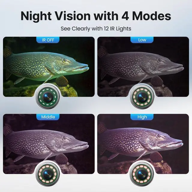 Alt view image 3 of 7 - 7" 1080P Underwater Fishing Camera DVR, IR Fish Finder w/ 15M Cable | 1024x600 IPS Screen, 12 IR LEDs, 8GB Card, 4500mAh 8H Low-Temp Battery, Waterproof for Boat, Lake & Ice Fishing