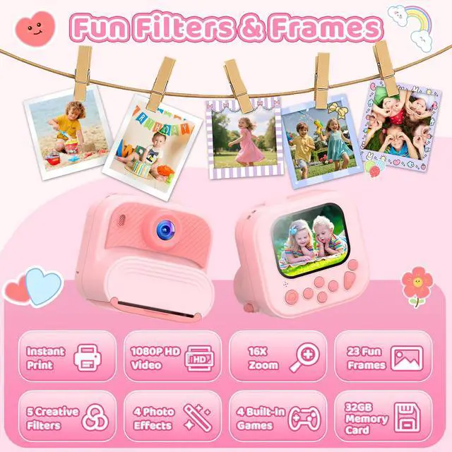 Alt view image 4 of 7 - Kids Camera Instant Print: 1080P HD Digital Camera for Kids - Girls for Age 3-12 - Toddler Cameras Toys Gift for 4 5 6 7 8 9 10 11 Years Old - Cool Presents Ideals for Birthday Pink