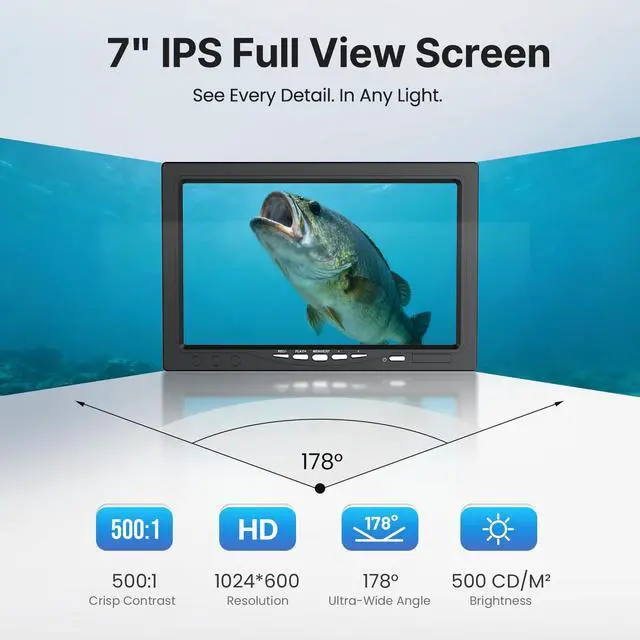 Alt view image 5 of 7 - 7" 1080P Underwater Fishing Camera DVR, IR Fish Finder w/ 15M Cable | 1024x600 IPS Screen, 12 IR LEDs, 8GB Card, 4500mAh 8H Low-Temp Battery, Waterproof for Boat, Lake & Ice Fishing