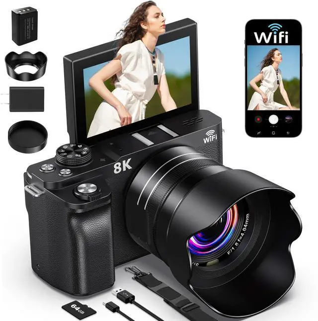 Main image of 8K Digital Camera, 88MP Cameras for Photography, WiFi Vlogging Camera for YouTube with 3" 180° Flip Screen, 18X Zoom UHD Autofocus Video Camara with Lens Hood, 64GB Card