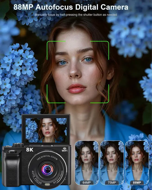 Alt view image 3 of 7 - 8K Digital Camera, 88MP Cameras for Photography, WiFi Vlogging Camera for YouTube with 3" 180° Flip Screen, 18X Zoom UHD Autofocus Video Camara with Lens Hood, 64GB Card