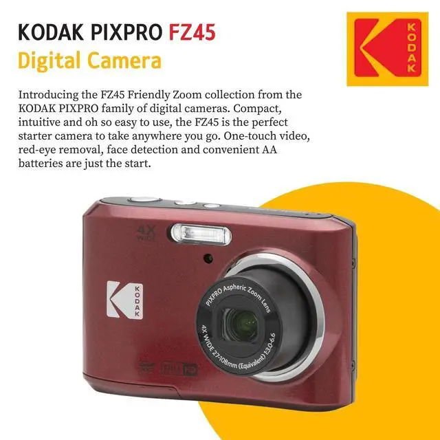 Alt view image 7 of 7 - Kodak PIXPRO FZ45 Digital Camera + 32GB Memory Card + Point and Shoot Camera Case + Extendable Monopod + Lens Cleaning Pen + LCD Screen Protectors + Table Top Tripod Ultimate Bundle (Red)