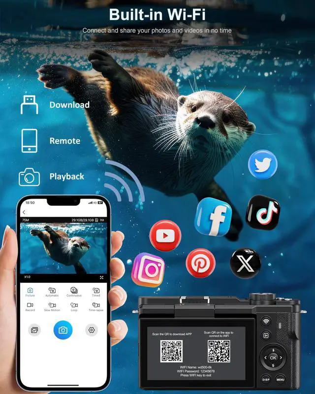 Alt view image 4 of 7 - 8K Digital Camera, 88MP Cameras for Photography, WiFi Vlogging Camera for YouTube with 3" 180° Flip Screen, 18X Zoom UHD Autofocus Video Camara with Lens Hood, 64GB Card