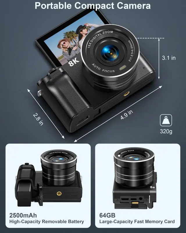 Alt view image 7 of 7 - 8K Digital Camera, 88MP Cameras for Photography, WiFi Vlogging Camera for YouTube with 3" 180° Flip Screen, 18X Zoom UHD Autofocus Video Camara with Lens Hood, 64GB Card