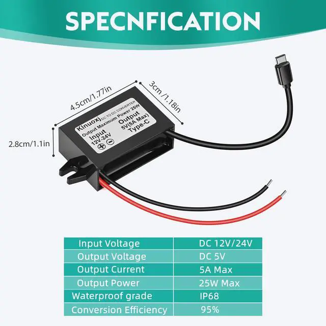 Alt view image 2 of 6 - DC 12V/24V to 5V USB C Step Down Converter Type-C Interface 5A 25W Waterproof Buck Module Power Adapter Compatible with Raspberry Pi 4, Cell Phones 2-Pack