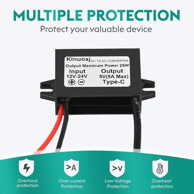Alt view image 5 of 6 - DC 12V/24V to 5V USB C Step Down Converter Type-C Interface 5A 25W Waterproof Buck Module Power Adapter Compatible with Raspberry Pi 4, Cell Phones 2-Pack
