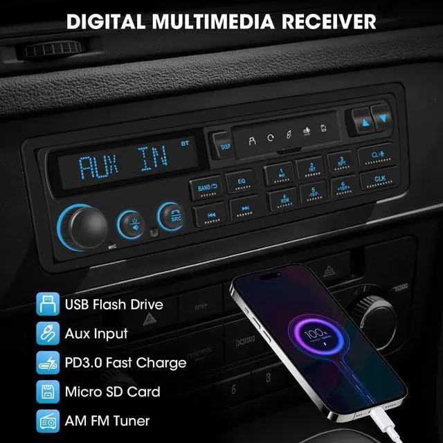 Alt view image 5 of 6 - Bluetooth Retro Car Stereo Receiver: Single Din European Classic Look Radio | 2 Subwoofer Outputs Pre-Amp AM FM USB SD AUX Type-C PD3.0 Fast Charge EQ SWC