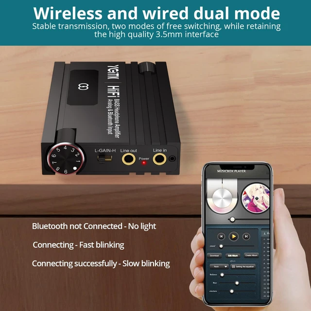 Alt view image 3 of 7 - Professional 16-600 Bluetooth Headphone Amplifier with Bass Boost,3.5mm Portable HiFi Earphone Amplifiers,Gain Switch Bass Volume Adjust & Aluminum Case,Rechargeble Headphone Amp for Laptop