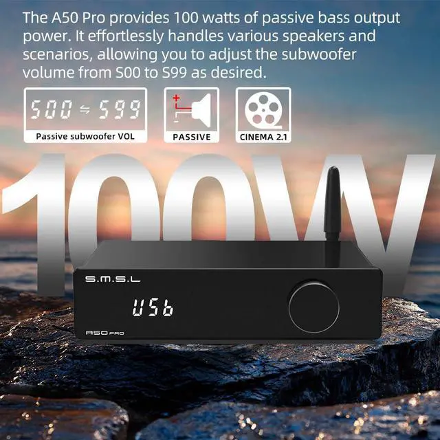 Alt view image 2 of 7 - A50 PRO HiFi Power Amplifier, High/Low pass filter 2.1-Channel, Infineon's MA12070P Chip, Bluetooth 5.0/USB/Optical/HDMI/AUX input Passive subwoofer with adjustable volume, with Remote Control