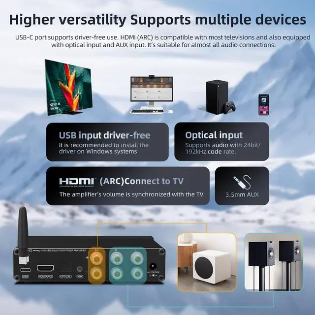 Alt view image 3 of 7 - A50 PRO HiFi Power Amplifier, High/Low pass filter 2.1-Channel, Infineon's MA12070P Chip, Bluetooth 5.0/USB/Optical/HDMI/AUX input Passive subwoofer with adjustable volume, with Remote Control
