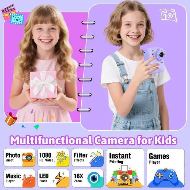 Alt view image 2 of 7 - Kids Instant Print Camera Toys,1080P HD Toddler Digital Video Camera,Christmas Birthday Gifts for Girls Boys Age 3-12 Year Old - TF Card Included (Purple)