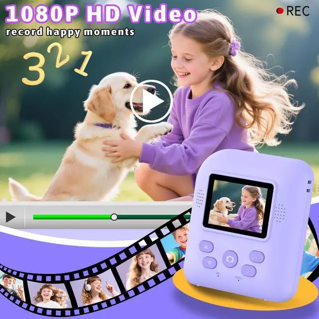 Alt view image 3 of 7 - Kids Instant Print Camera Toys,1080P HD Toddler Digital Video Camera,Christmas Birthday Gifts for Girls Boys Age 3-12 Year Old - TF Card Included (Purple)