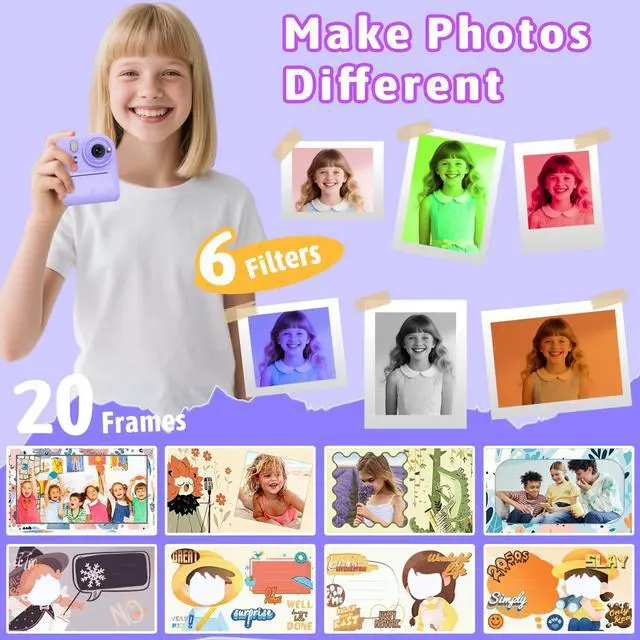 Alt view image 4 of 7 - Kids Instant Print Camera Toys,1080P HD Toddler Digital Video Camera,Christmas Birthday Gifts for Girls Boys Age 3-12 Year Old - TF Card Included (Purple)