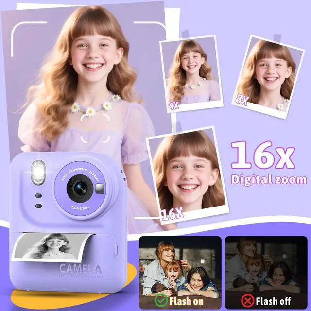 Alt view image 6 of 7 - Kids Instant Print Camera Toys,1080P HD Toddler Digital Video Camera,Christmas Birthday Gifts for Girls Boys Age 3-12 Year Old - TF Card Included (Purple)