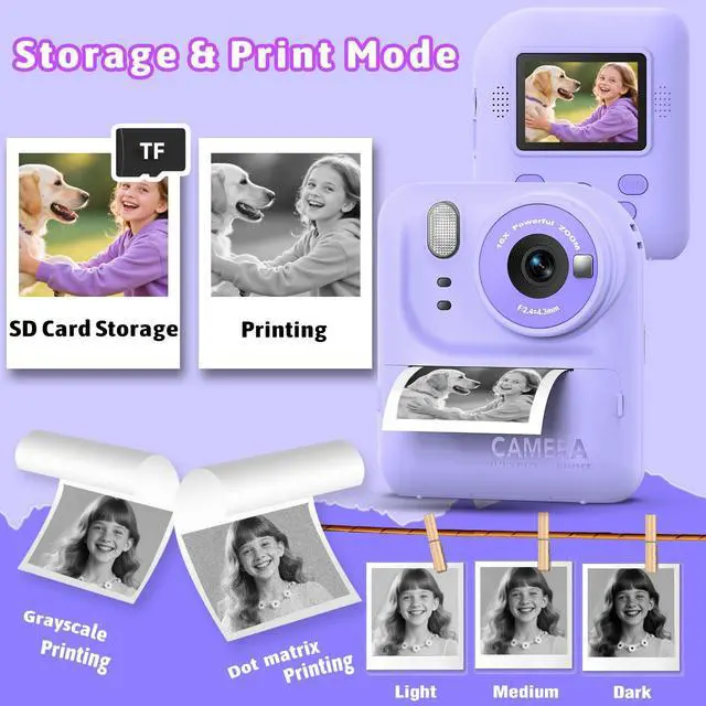 Alt view image 7 of 7 - Kids Instant Print Camera Toys,1080P HD Toddler Digital Video Camera,Christmas Birthday Gifts for Girls Boys Age 3-12 Year Old - TF Card Included (Purple)