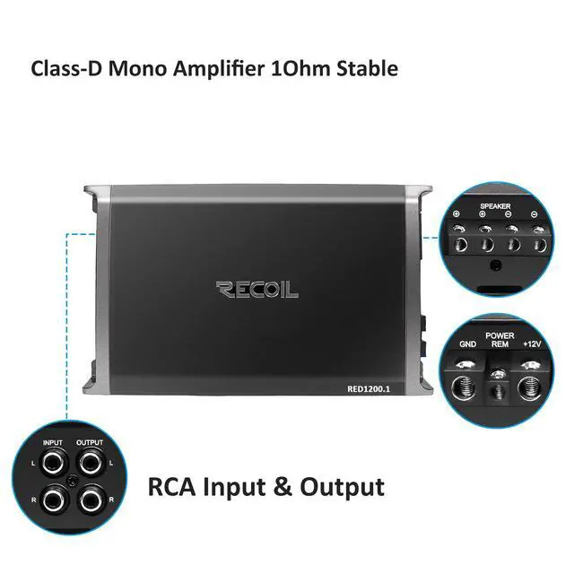 Alt view image 3 of 6 - RED1200-1 2500W Class D Car Audio Mono Block Subwoofer Amplifier | Strappable 1 Ohm Stable Remote Bass Knob Included