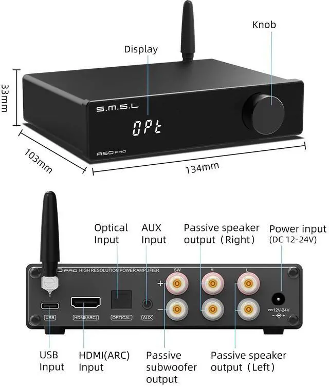 Alt view image 6 of 7 - A50 PRO HiFi Power Amplifier, High/Low pass filter 2.1-Channel, Infineon's MA12070P Chip, Bluetooth 5.0/USB/Optical/HDMI/AUX input Passive subwoofer with adjustable volume, with Remote Control