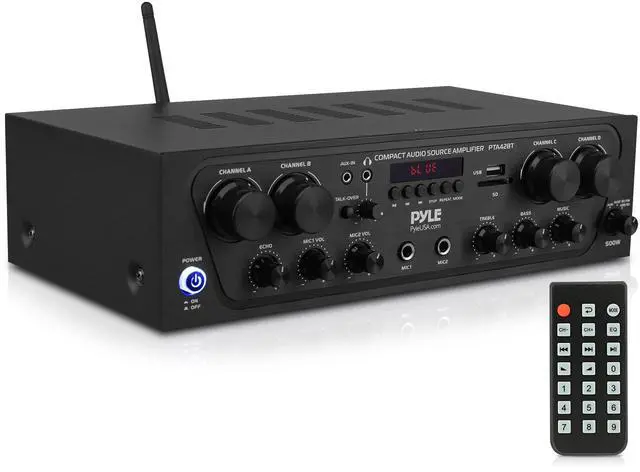 Main image of PTA42BT Wireless Karaoke Bluetooth Stereo Receiver - 4 Channel Power Amplifier w/USB,2 Microphone Input w/ Echo,Talkover for PA Great for Home Speaker System,Black