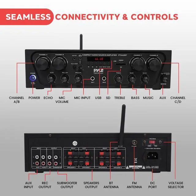 Alt view image 3 of 6 - PTA42BT Wireless Karaoke Bluetooth Stereo Receiver - 4 Channel Power Amplifier w/USB,2 Microphone Input w/ Echo,Talkover for PA Great for Home Speaker System,Black