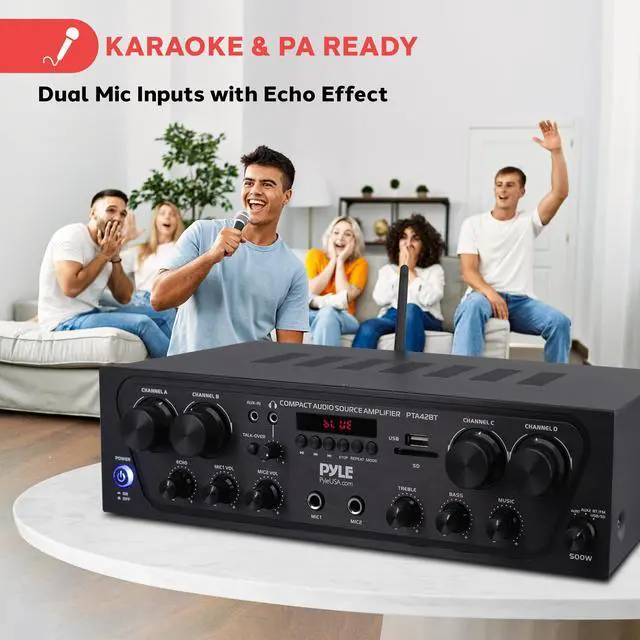 Alt view image 4 of 6 - PTA42BT Wireless Karaoke Bluetooth Stereo Receiver - 4 Channel Power Amplifier w/USB,2 Microphone Input w/ Echo,Talkover for PA Great for Home Speaker System,Black