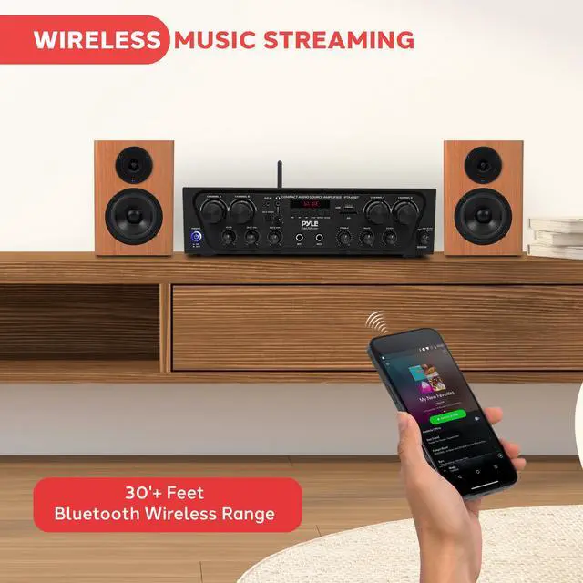Alt view image 2 of 6 - PTA42BT Wireless Karaoke Bluetooth Stereo Receiver - 4 Channel Power Amplifier w/USB,2 Microphone Input w/ Echo,Talkover for PA Great for Home Speaker System,Black