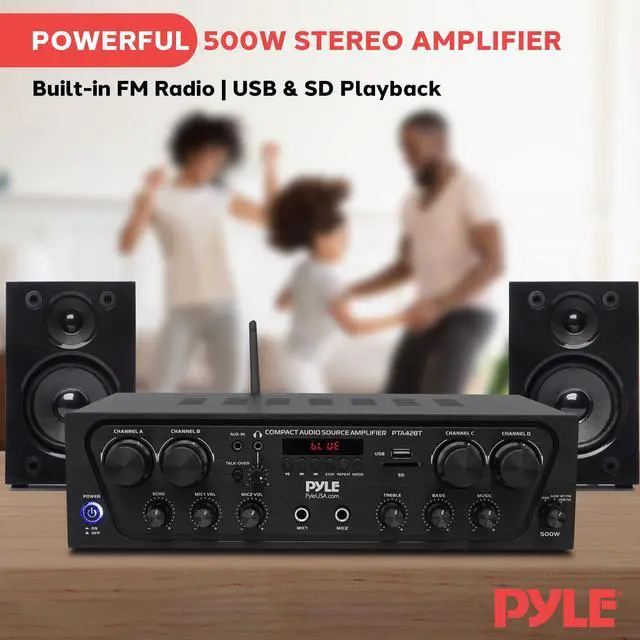 Alt view image 6 of 6 - PTA42BT Wireless Karaoke Bluetooth Stereo Receiver - 4 Channel Power Amplifier w/USB,2 Microphone Input w/ Echo,Talkover for PA Great for Home Speaker System,Black