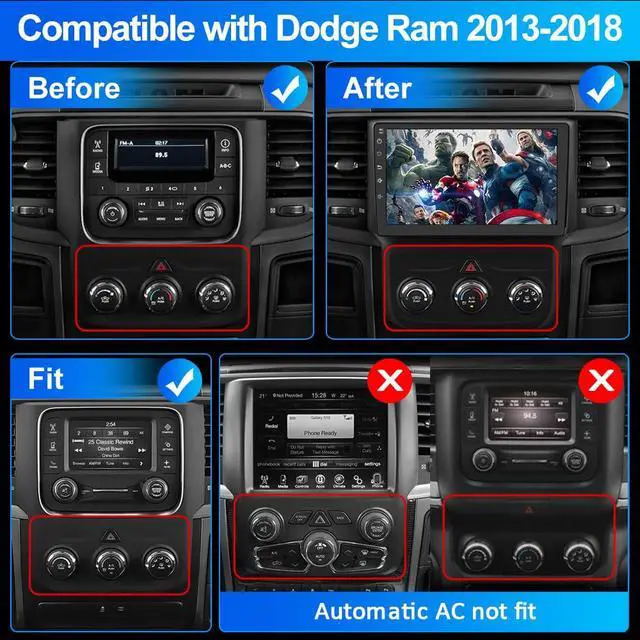 Alt view image 2 of 7 - Car Stereo for Dodge RAM 1500 2500 3500 2013-2018 Manual AC CarPlay Radio | Dodge Ram 1500 2500 3500 2013 2014 2015 2016 2017 2018 Radio Replacement with Wireless CarPlay Android Auto - 2G Ram 32G ROM
