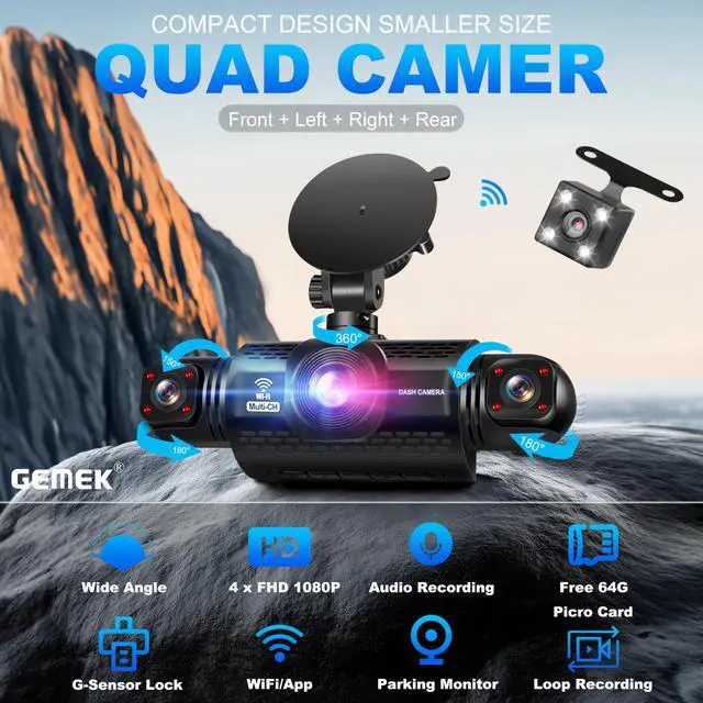 Alt view image 2 of 7 - 360 Degree View 4 Channel Dash Cam 5G WiFi & App Control, 2K Front and Rear Inside, Left and Right Dash Camera for Cars, Free 64GB TF Card, G-Sensor, Night Vision, 24 Hour Parking