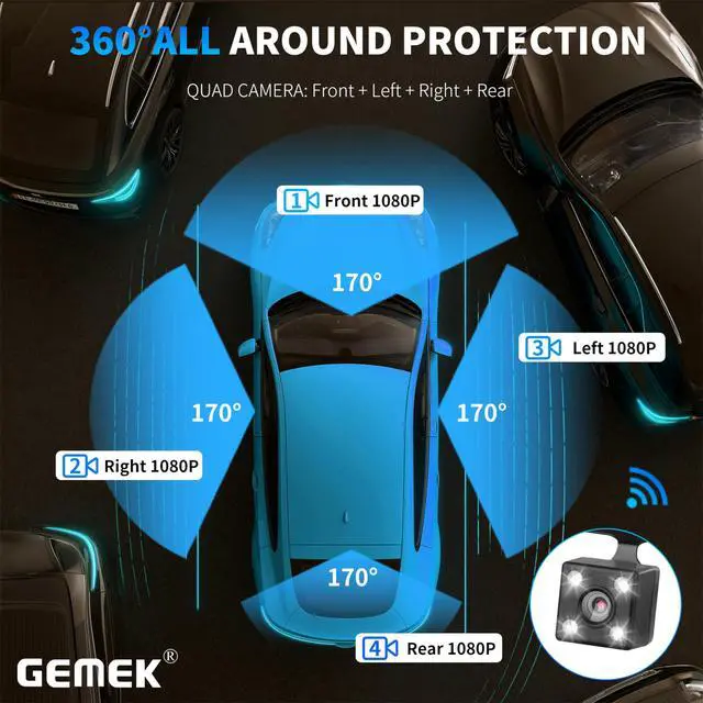 Alt view image 6 of 7 - 360 Degree View 4 Channel Dash Cam 5G WiFi & App Control, 2K Front and Rear Inside, Left and Right Dash Camera for Cars, Free 64GB TF Card, G-Sensor, Night Vision, 24 Hour Parking