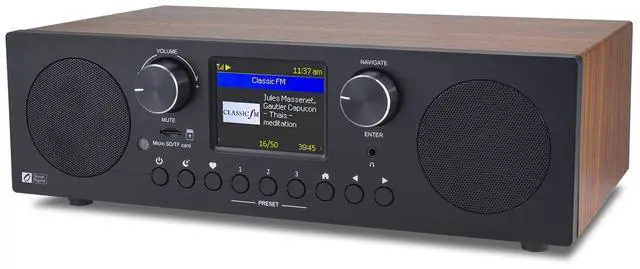 Main image of Ocean Digital WR-800 FM Wi-Fi Internet Radio Stereo Speakers Micro SD Line Out Aux in 30,000+ Stations Stress Relief Relaxation Sleep Aid 2.8" Color Display Wooden Casing Black