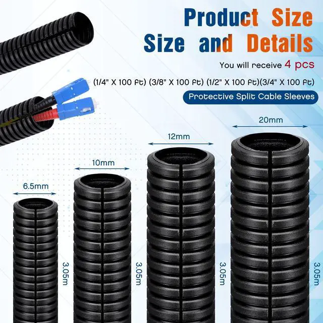 Alt view image 2 of 6 - 1/4, 3/8, 1/2, 3/4'' X 10 ft Split Wire Loom Cord Protector Tubing Split Conduit Protector Tubing Convoluted Tube Flexible Electrical Wire Cover Protective Sleeves(Black)