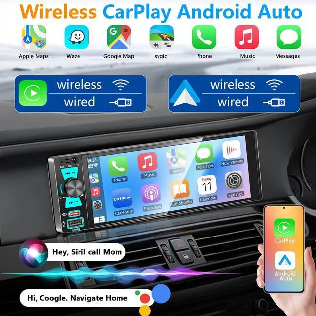 Alt view image 2 of 7 - Single Din Radio, 6.5 Inch Touchscreen Car Stereo with Bluetooth Wireless & Wired CarPlay/Android Auto, Mirror Link, Backup Camera, GPS, USB & Type-C, FM/AM, SWC, EQ, Built-in MIC (Black)