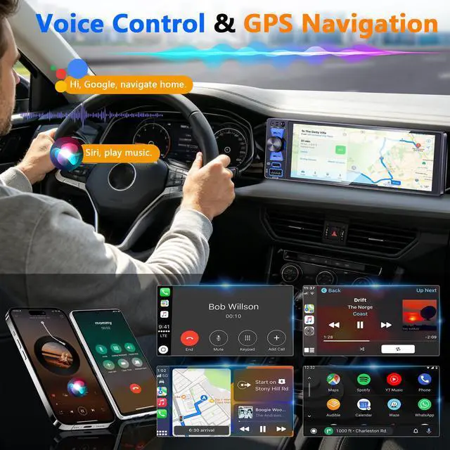 Alt view image 4 of 7 - Single Din Radio, 6.5 Inch Touchscreen Car Stereo with Bluetooth Wireless & Wired CarPlay/Android Auto, Mirror Link, Backup Camera, GPS, USB & Type-C, FM/AM, SWC, EQ, Built-in MIC (Black)