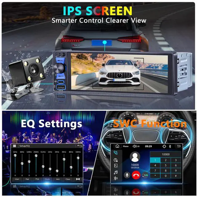 Alt view image 5 of 7 - Single Din Radio, 6.5 Inch Touchscreen Car Stereo with Bluetooth Wireless & Wired CarPlay/Android Auto, Mirror Link, Backup Camera, GPS, USB & Type-C, FM/AM, SWC, EQ, Built-in MIC (Black)