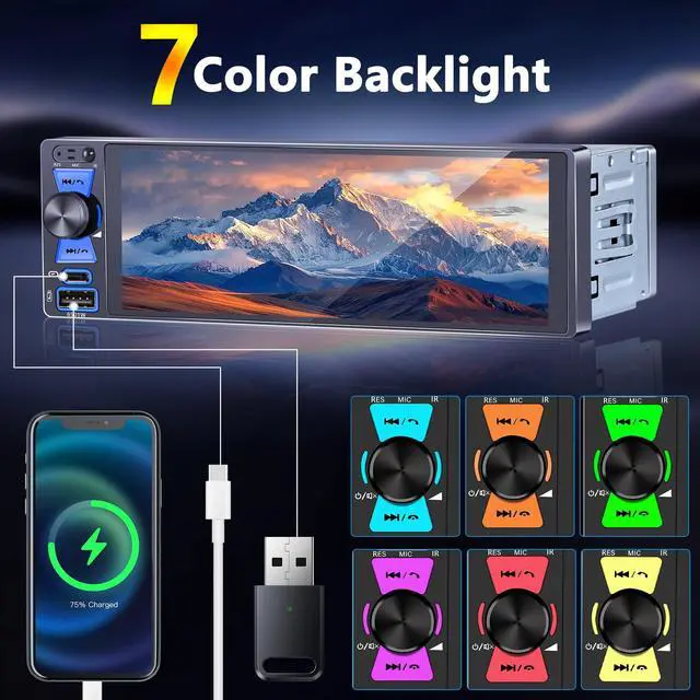 Alt view image 7 of 7 - Single Din Radio, 6.5 Inch Touchscreen Car Stereo with Bluetooth Wireless & Wired CarPlay/Android Auto, Mirror Link, Backup Camera, GPS, USB & Type-C, FM/AM, SWC, EQ, Built-in MIC (Black)