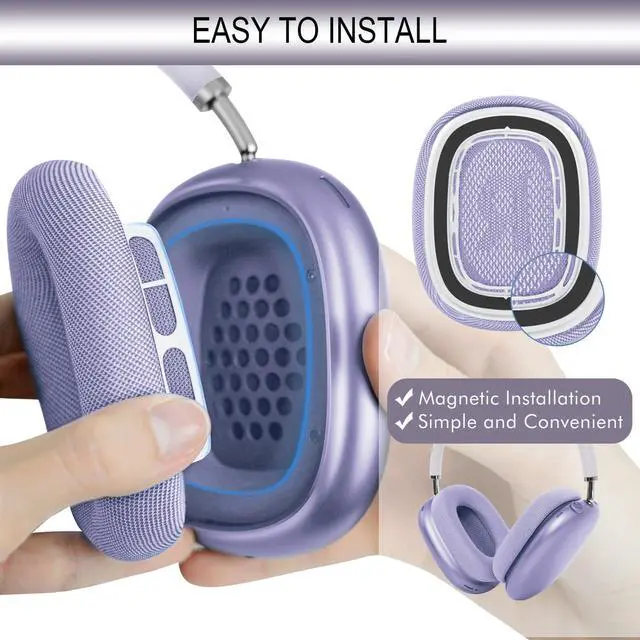 Alt view image 2 of 7 - Upgraded Ear Cushions Replacement Earpads for AirPods Max 1 & 2 Headphones, Mesh Fabric Ear Pads Ear Covers Cups with Memory Foam and Magnet for AirPods Max (Purple)