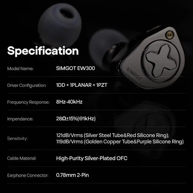 Alt view image 7 of 7 - SIMGOT EW300 in Ear Monitor, 1DD+1Planar+1PZT Hybrid Driver IEM Earphones, HiFi Wired Earbuds with Detachable Nozzles, Gaming Earbuds with OFC IEM Cable for Audiophiles (SIMGOT-EW300-DSP)